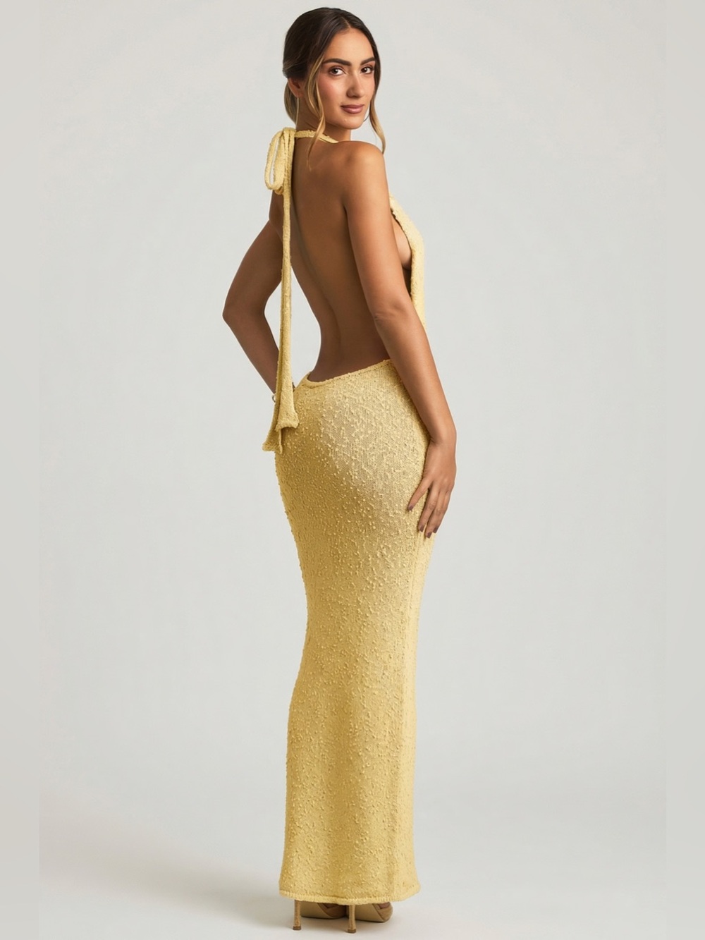 Oh Polly Mirri Bouclé Halterneck Maxi Dress in Yellow